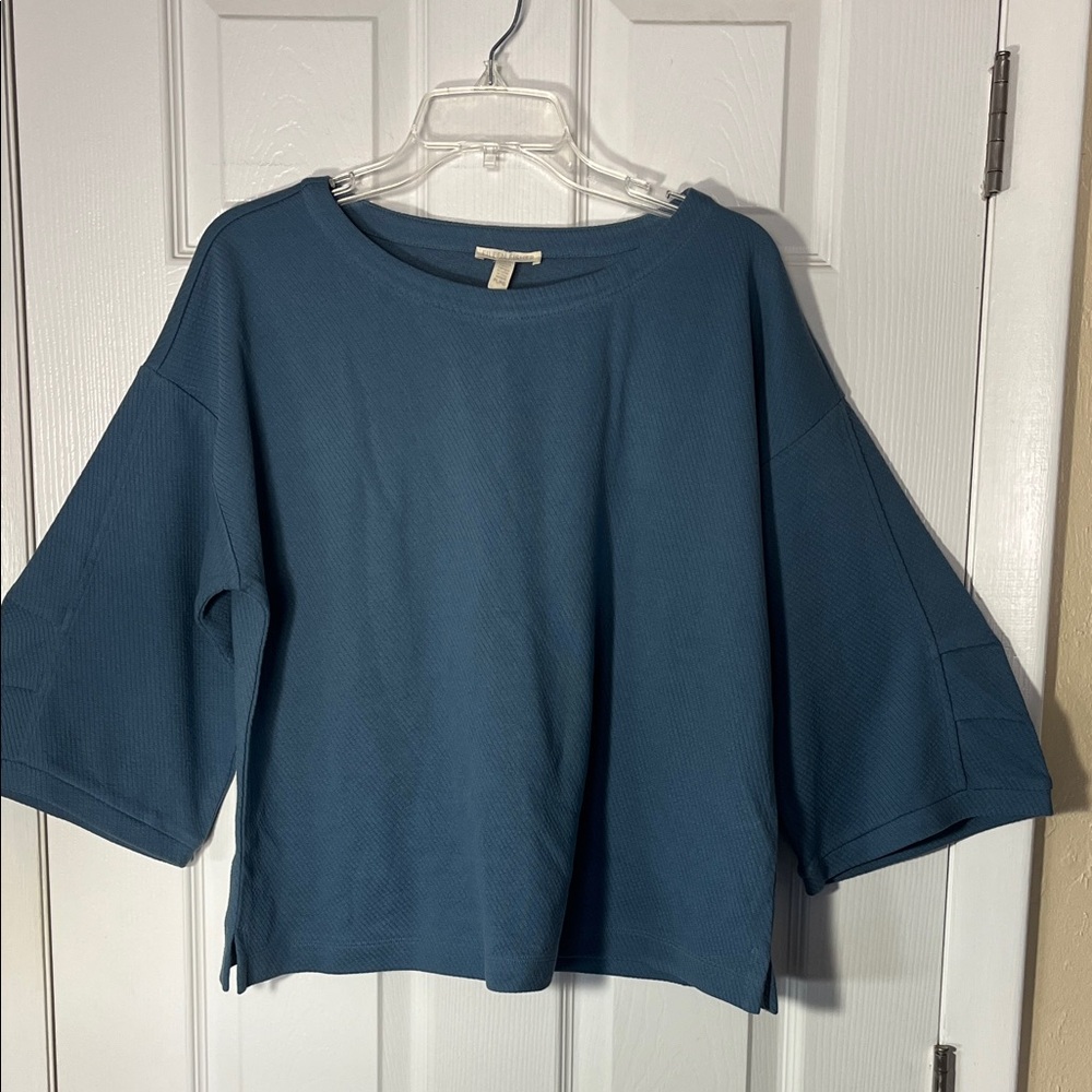 Eileen Fisher bateau neck box top loose 3/4 sleeve blue organic cotton blend PL